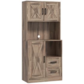 HOMCOM 71" Kitchen Pantry Storage Cabinet, Farmhouse Kitchen Hutch with Microwave Oven Countertop, Adjustable Shelves, Gray