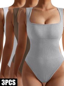 3 Pack Women Workout Seamless Jumpsuit Yoga Ribbed Bodycon One Piece Spaghetti Strap Romper (Color: 3PACK4, size: S)