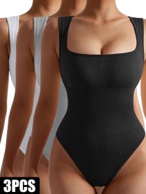 3 Pack Women Workout Seamless Jumpsuit Yoga Ribbed Bodycon One Piece Spaghetti Strap Romper (Color: 3PACK7, size: M)