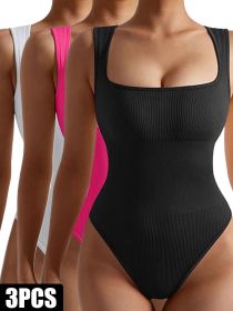 3 Pack Women Workout Seamless Jumpsuit Yoga Ribbed Bodycon One Piece Spaghetti Strap Romper (Color: 3PACK1, size: L)