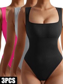 3 Pack Women Workout Seamless Jumpsuit Yoga Ribbed Bodycon One Piece Spaghetti Strap Romper (Color: 3PACK5, size: L)